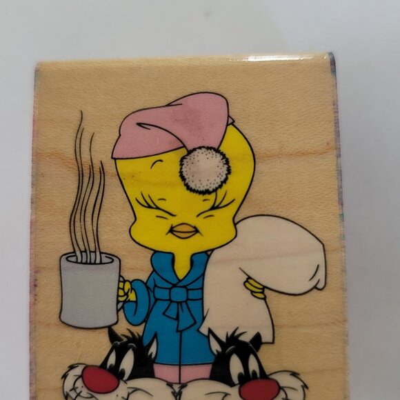 1996 Rubber Stampede Rubber Stamp Bedtime Tweety Bird Wearing Sylvester Slippers - Picture 2 of 11